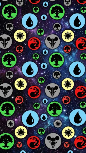 Magic The Gathering wallpaper featuring colorful mana symbols on a galaxy background