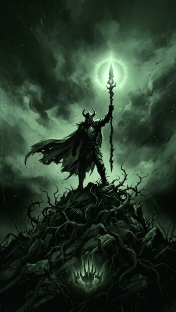 A dark knight standing on a rocky hill under a stormy, green-lit sky