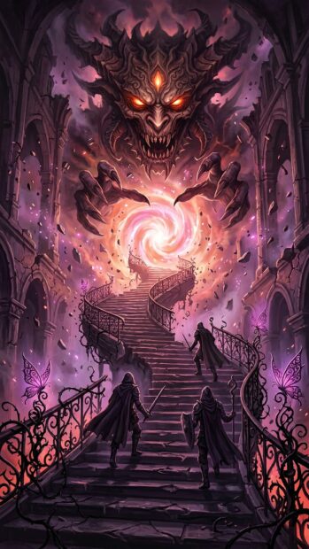 A demonic entity above a portal with adventurers climbing stairs