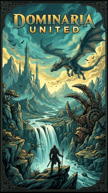 Epic Magic The Gathering wallpaper showcasing a dragon and warrior in Dominaria