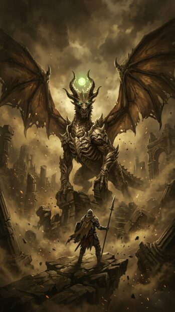 Magic The Gathering Wallpaper depicting a knight facing a colossal dragon in a ruined landscape