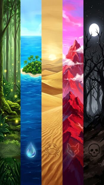 Four elemental lands representing different Magic The Gathering colors