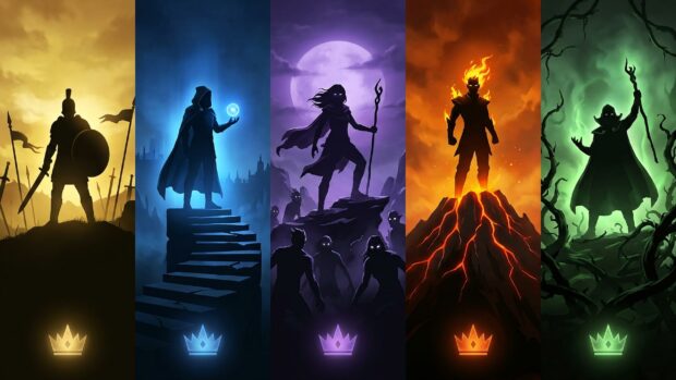 Silhouettes of elemental figures against colorful backgrounds in Magic The Gathering wallpaper