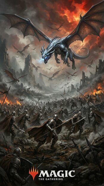 Epic battle scene from Magic The Gathering with soldiers and dragons