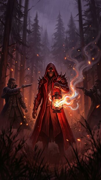 Hooded figure holding a lantern in a dark forest, creating a mysterious atmosphere