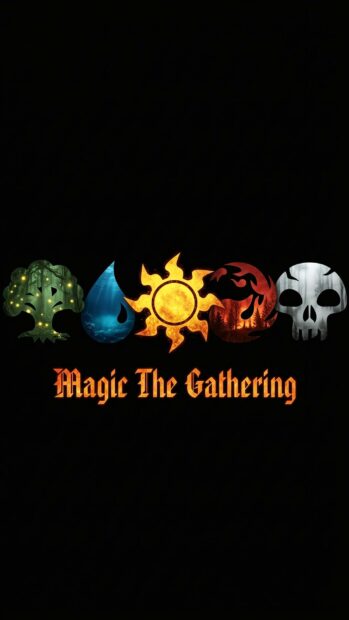 Five Magic The Gathering mana symbols with dark background