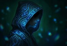 Mystical hooded figure with glowing symbols, set against a dark background