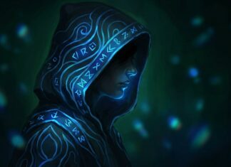 Mystical hooded figure with glowing symbols, set against a dark background