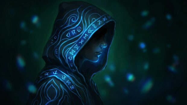 Mystical hooded figure with glowing symbols, set against a dark background