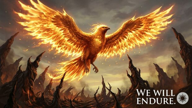 A phoenix rising with the text 'We Will Endure' in a Magic The Gathering wallpaper