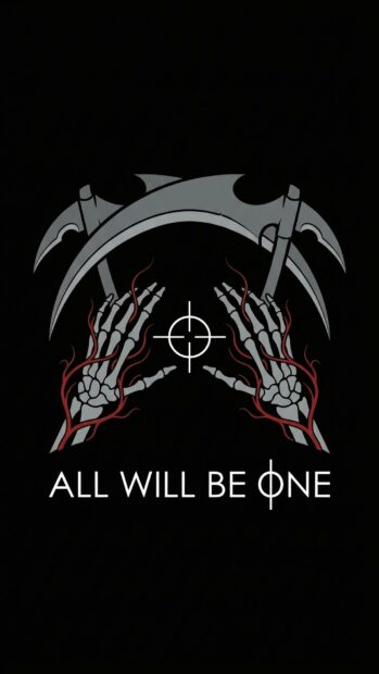Dark skeletal emblem with the phrase 'All Will Be One' on black background