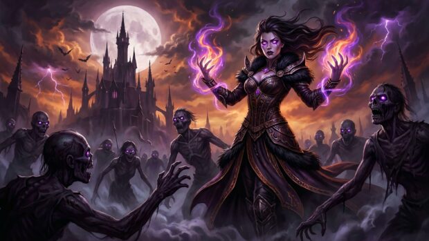 A powerful sorceress surrounded by undead in a dark, mystical landscape