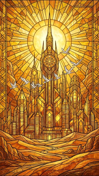A cityscape in stained glass style with a radiant sun and flying birds