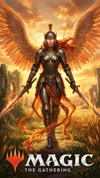 A warrior angel in armor with wings in a Magic The Gathering wallpaper