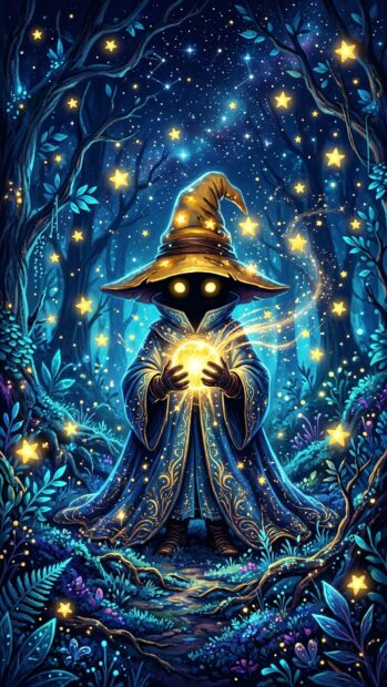 A wizard in a blue cloak holding a glowing orb in a mystical forest with stars