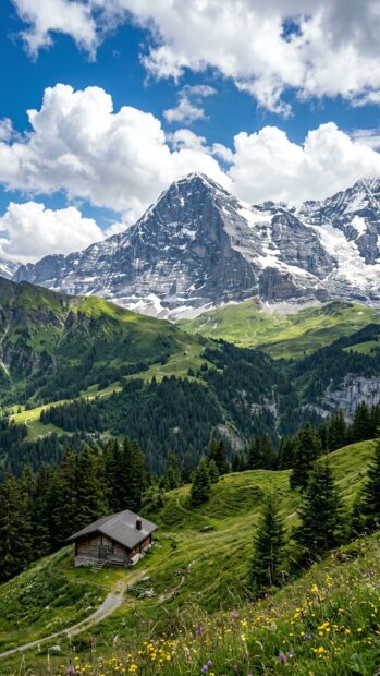 A picturesque mountains wallpaper with an alpine cabin and green hills under a clear sky
