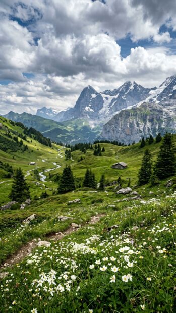 An alpine meadow with wildflowers and a majestic mountain range in the distance