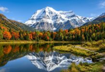 Snow-capped mountain with autumn trees reflecting on a lake, ideal for a mountains wallpaper