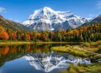 Snow-capped mountain with autumn trees reflecting on a lake, ideal for a mountains wallpaper
