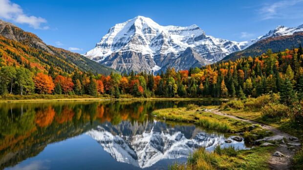 Snow-capped mountain with autumn trees reflecting on a lake, ideal for a mountains wallpaper