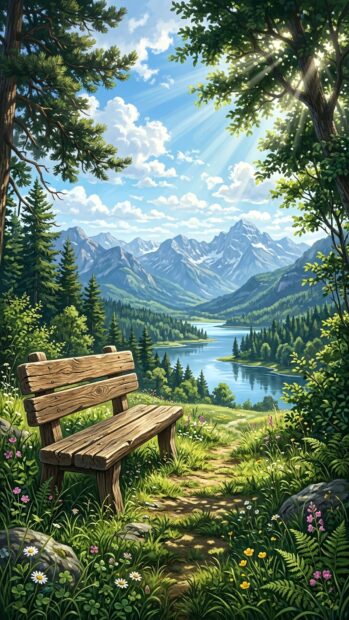 A peaceful landscape with a bench overlooking a lake and mountains, ideal for a wallpaper