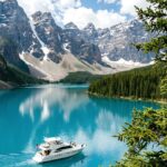 Mountains Wallpaper Boat on Turquoise Lake