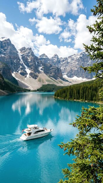 A boat sailing on a turquoise lake surrounded by majestic mountains