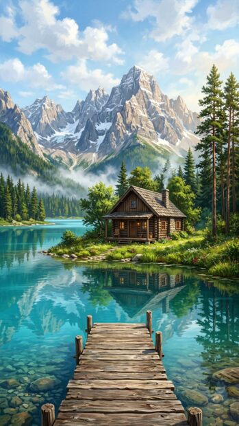 A wooden cabin by a lake with majestic mountains in the background