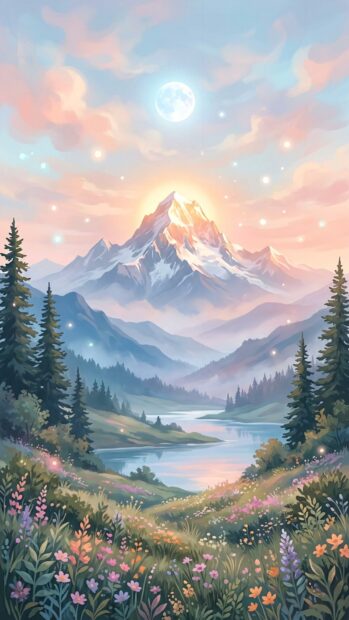 Fantasy landscape with a glowing mountain under a moonlit sky