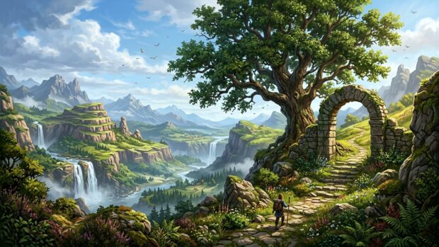 A fantasy landscape with mountains, waterfalls, and an ancient tree