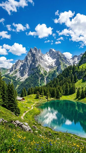 A serene lake with a towering mountain and a cabin, perfect for a mountains wallpaper