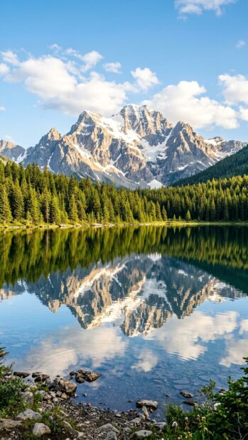 A stunning mountain range reflected in a serene lake surrounded by lush forest