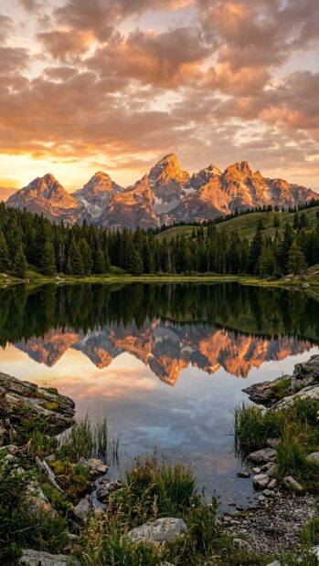 Mountains reflecting in a lake at sunset, creating a beautiful scenic wallpaper