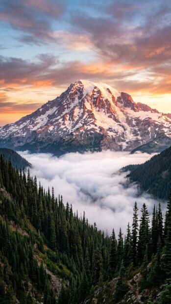 A majestic mountain with misty forest during sunrise, perfect for a Full HD wallpaper