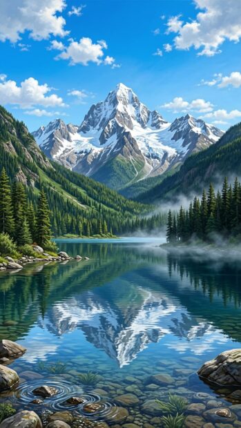 A serene mountain landscape with mist over a reflective lake and clear sky