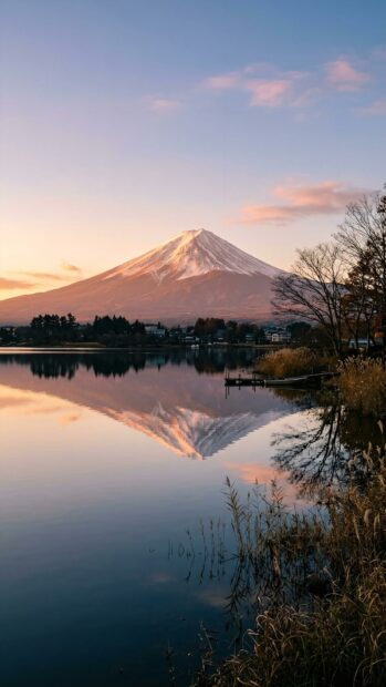 Mountains wallpaper showing Mount Fuji reflected in a calm lake at sunrise