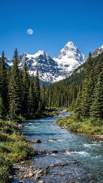 A flowing river with pine trees and a snowy mountain peak under a full moon