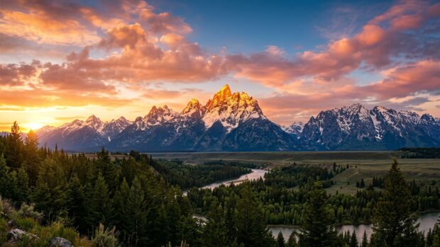 Mountains wallpaper depicting a river valley with sunset sky in Full HD