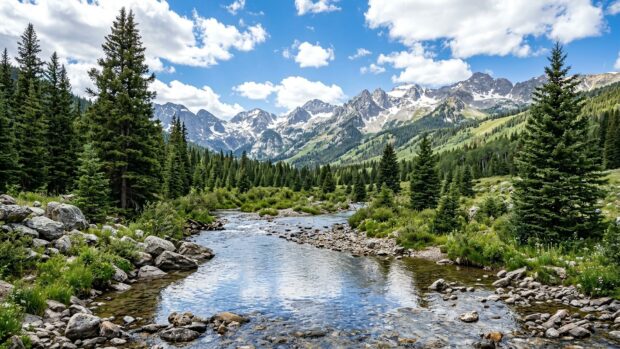 A scenic view of a mountain river valley with snow-capped peaks in the background