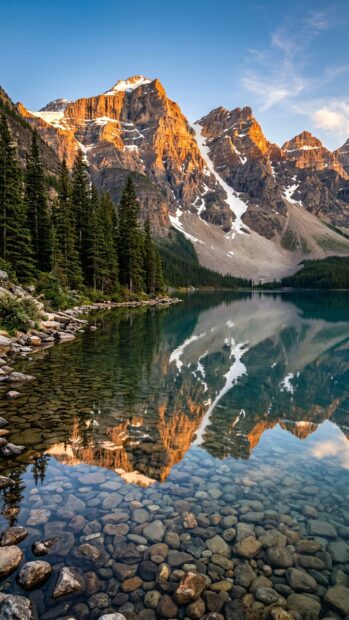 Rocky mountain peaks at sunset reflected in a calm lake