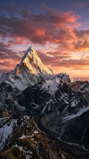 Snowy mountain peak against a colorful sky in Full HD resolution
