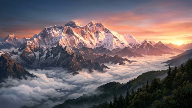 Mountains wallpaper featuring a sunrise over snow-capped peaks in 2K resolution