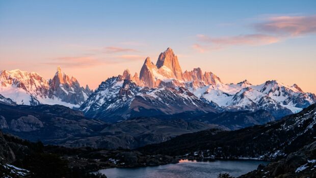 A stunning mountains wallpaper showing sunrise over snow-capped peaks with a lake in the foreground