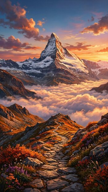 A scenic mountain path during sunset with vibrant clouds and peaks in the distance