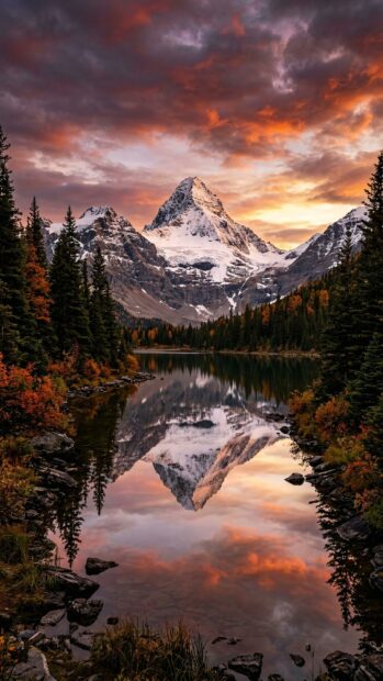 A captivating mountains wallpaper with a sunset reflecting over a still lake and autumn trees
