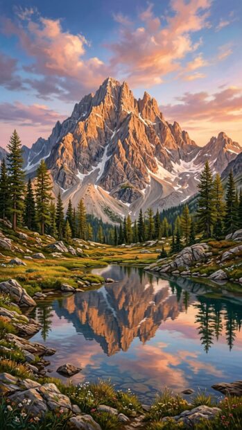 A majestic mountain at sunset reflecting in a calm lake surrounded by trees
