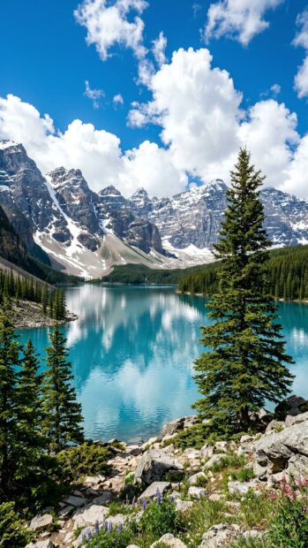A beautiful mountains wallpaper featuring a turquoise lake surrounded by snowy peaks and trees