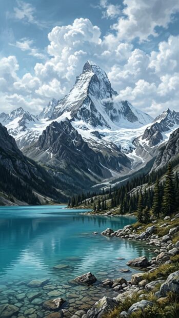 A towering snowy peak overlooking a turquoise lake with rocky shores