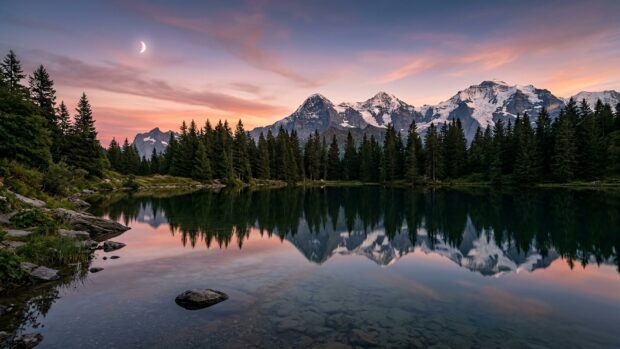 A serene mountains wallpaper showing twilight over a lake with mountain reflections