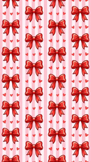 A red aesthetic wallpaper with bows and stripes on a pink background